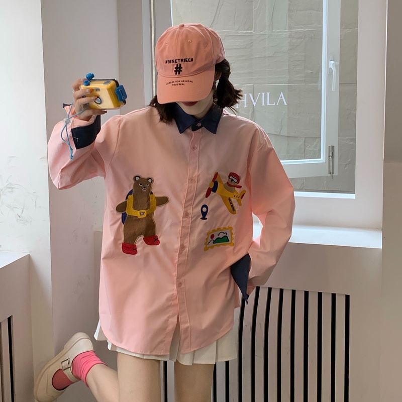 Áo sơ mi ZHELIHANGFEI tay dài dáng rộng thêu họa tiết phong cách Nhật sành điệu