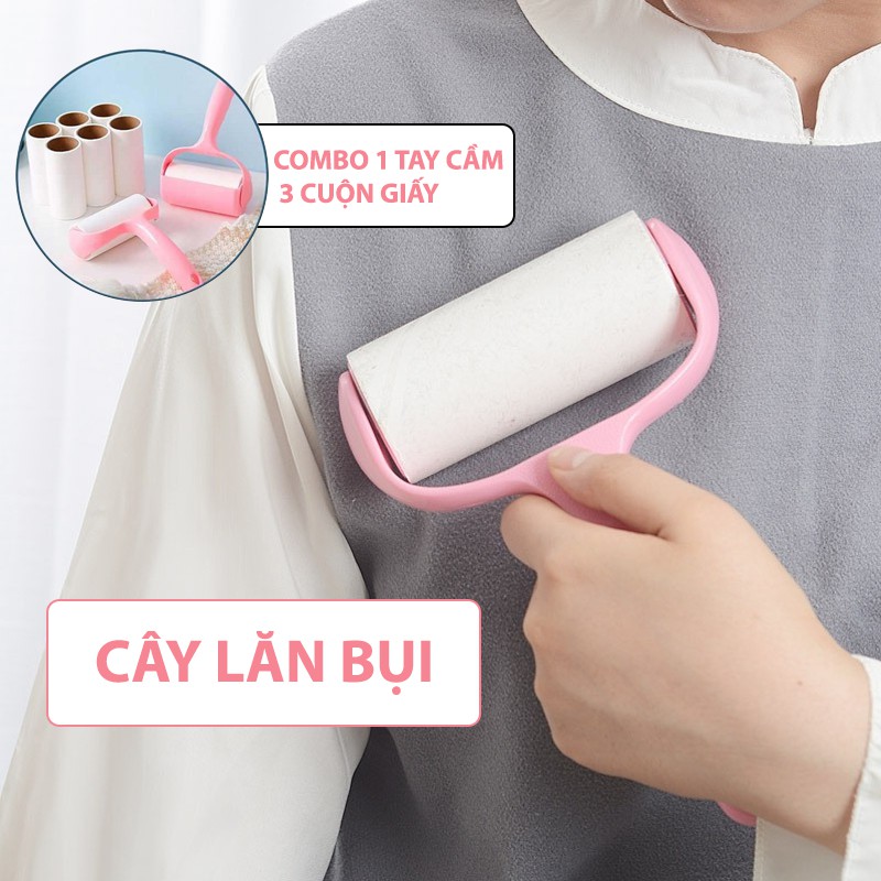 Cây Lăn Bụi Làm Sạch Quần Áo, Ga Giường, Sofa (COMBO 1 TAY CẦM + 3 CUỘN)