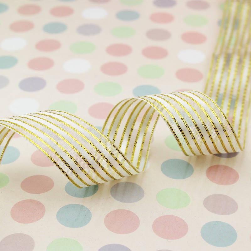 Cuộn Dây Ruy Băng 15mm (25 yards) Họa Tiết Sọc Trắng Vàng Chất Lượng Cao Dùng Gói Quà Cưới