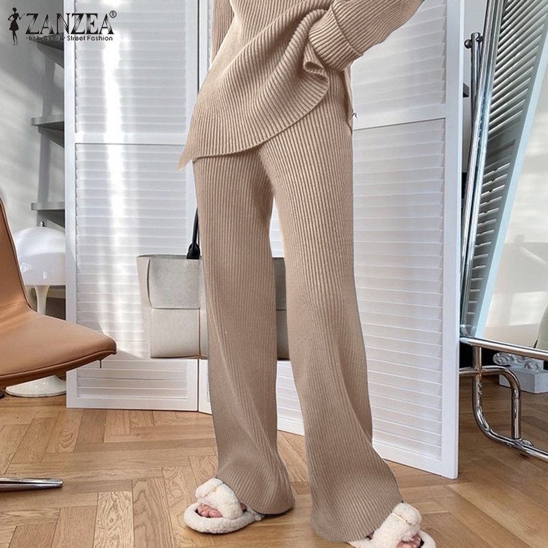 Bộ đồ nữ ZANZEA gồm áo sweater cổ tròn và quần dài lưng co giãn màu trơn đơn giản thời trang