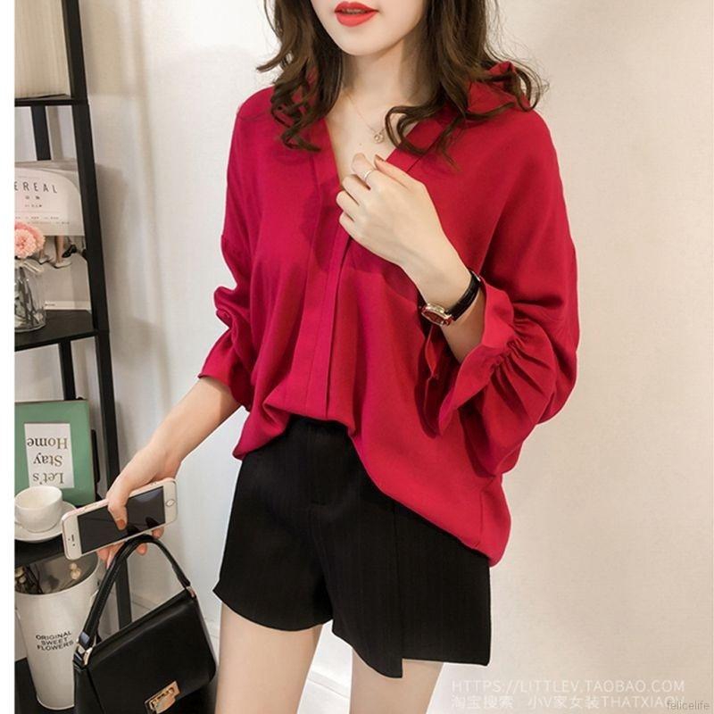 Áo dài tay màu trơn cổ sâu chữ V chất liệu chiffon thời trang nữ