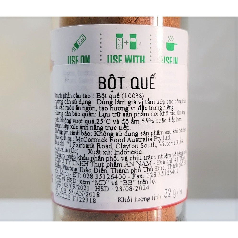 [Lọ nhỏ 32g - CINNAMON GROUND ] BỘT QUẾ (Gia vị thực phẩm) [Indonesia] MCCORMICK