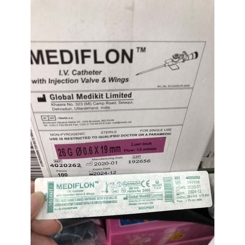 Hộp 100 cây Kim luồn tĩnh mạch kim catheter tiêm truyền tĩnh mạch Medikit Mediflon Ấn Độ size số 16G 18g 20g 22g 24g