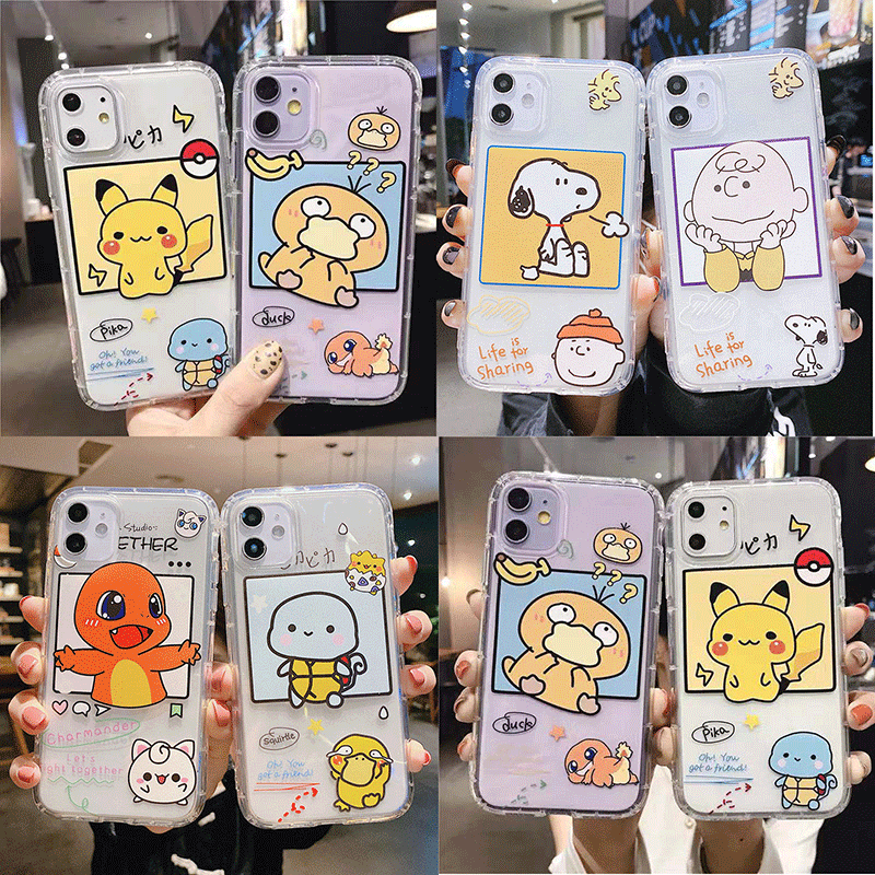 Anti-drop Phone Case iPhone 11 Pro Max X XR XS MAX 7 8 Plus Cartoon Pikachu Shiluo Couple Mobile Phone Cases Transparent Soft TPU Casing iPhone Clear Back Cover Accessories