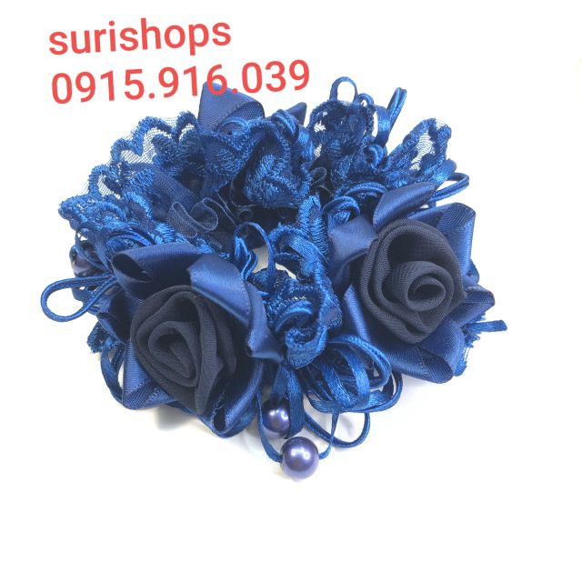 Cột tóc hoa hồng phối vải ren, Buộc Tóc Hoa Hồng Rose
