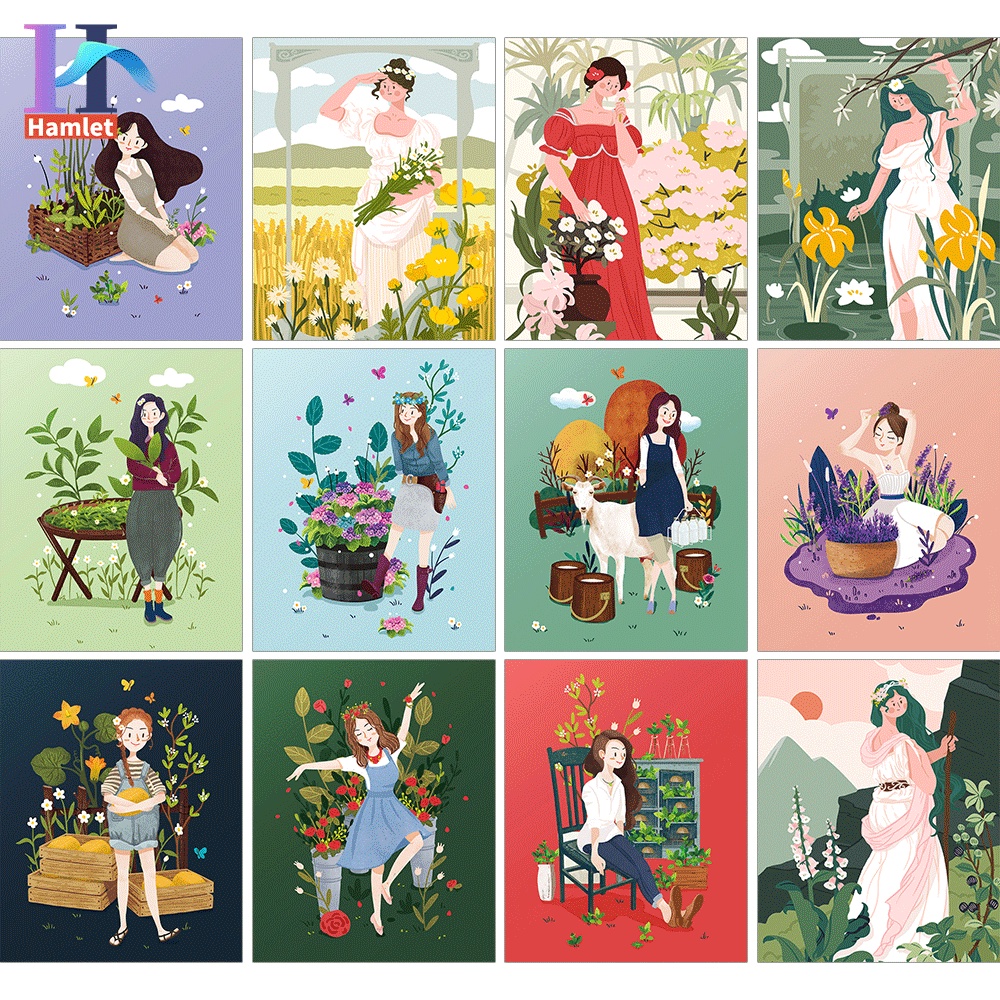 Bộ tranh sơn dầu Hamlet tô màu theo số hình cô gái trong hoa giúp giảm căng thẳng trang trí nhà cửa cỡ 40x50cm