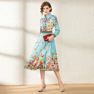 Đầm cổ bẻ tay dài dáng ôm màu xanh dương in hoạ tiết độc đáo phong cách cổ điển tinh tế thời trang mùa thu cho nữ