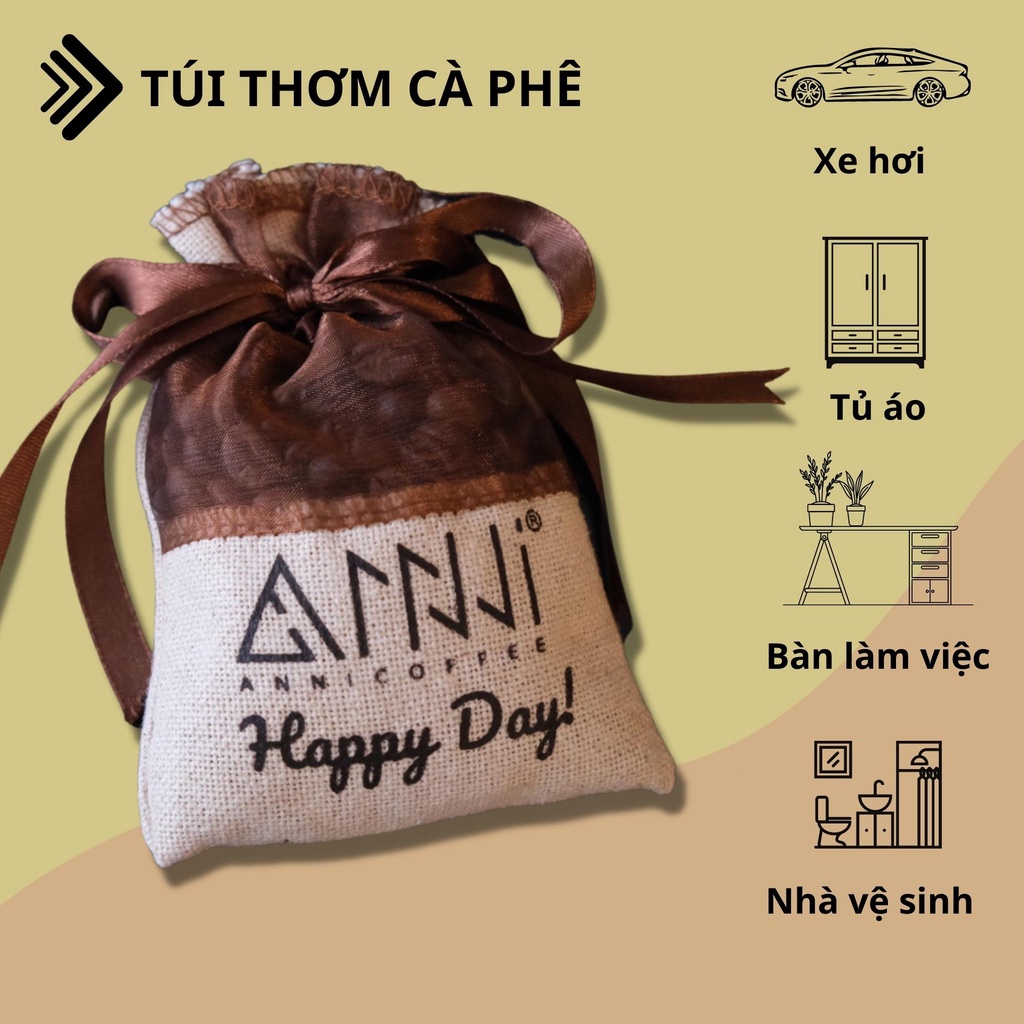 Túi thơm hạt cà phê tự nhiên treo xe, bàn làm việc, tủ quần áo, phòng khách, phòng bếp khử mùi Anni Coffee