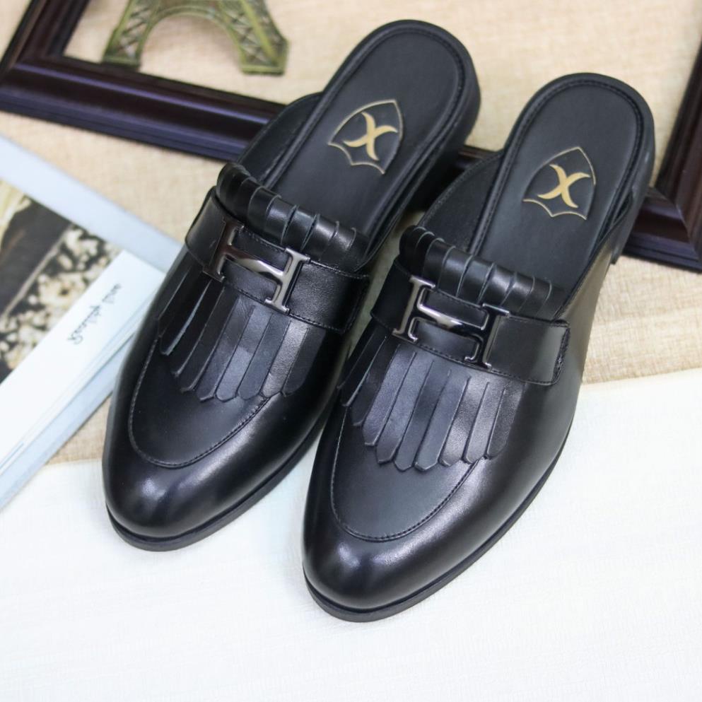 Giày Lười Hở Gót Đai Chữ H Bờm Ngựa Chất Liệu Da Bò Đế Cao Su Mã S003 PO
