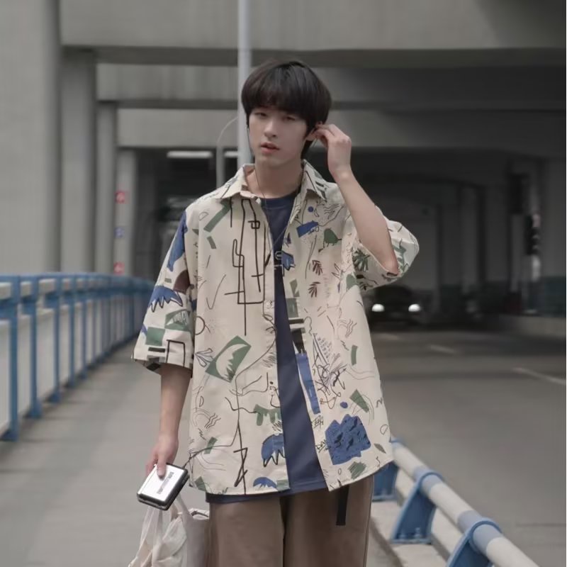 Áo Sơ Mi Mùa Hè Dáng Rộng Tay Ngắn In Hoạ Tiết Graffiti Thời Trang Mùa Hè Mới 2022 Cho Nam