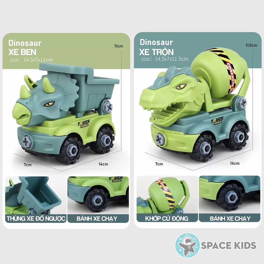 Set 4 xe lắp ghép khủng long công trường, xe ô tô đồ chơi tặng kèm tovit, cờ lê cho bé