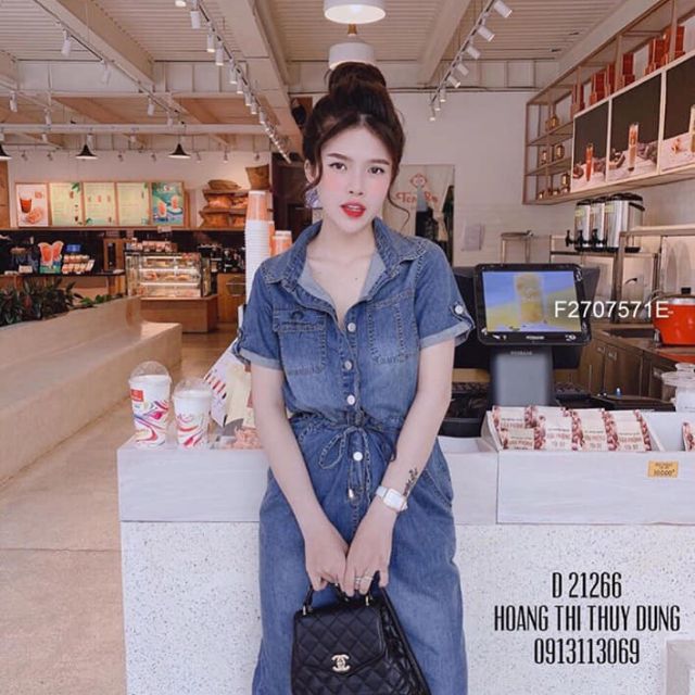 ĐẦM JEAN THÊU CHỮ DÂY RÚT EO