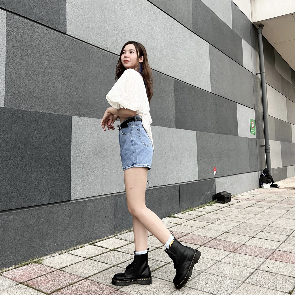 Quần Sọt Jean Nữ Trơn Lưng Cao Lai Cuốn Phong Cách ULZZANG