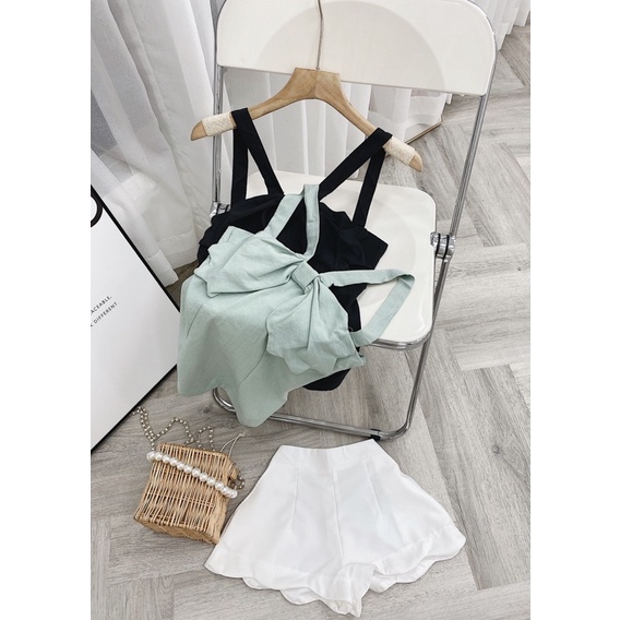 SET ÁO 2 DÂY YẾM NƠ NGỰC + SHORT LAI GỢN SÓNG