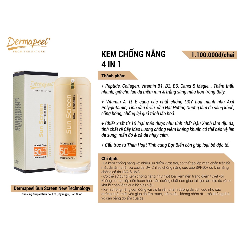 KEM CHỐNG NẮNG CAO CẤP DERMAPEEL+ 4IN1 SUN SCREEN SPF50+ - DƯỠNG DA HÀN QUỐC