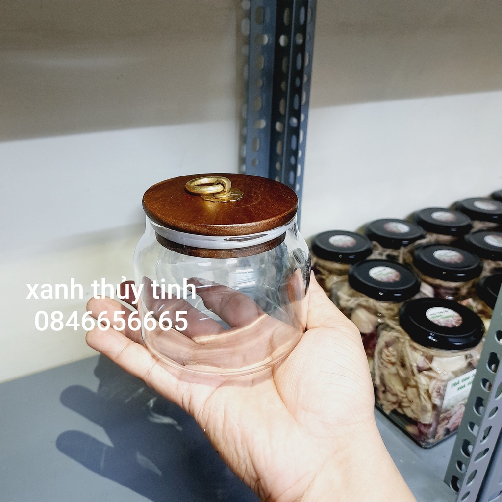 Hũ thủy tinh nắp gỗ đựng trà hoa, đồ khô 450ml - HT4