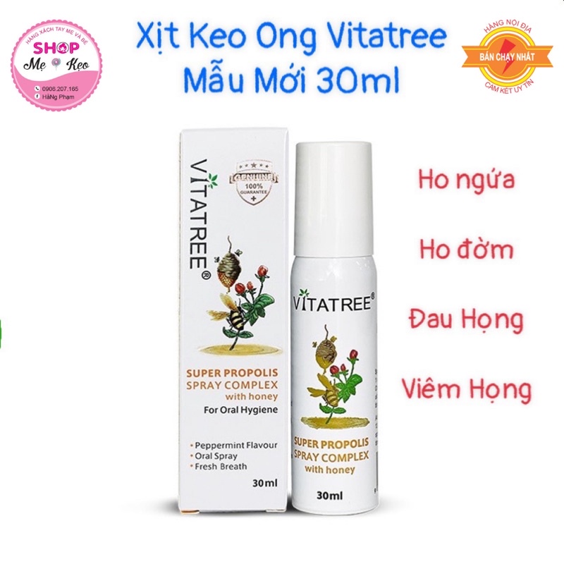 Xịt keo ong (30ml) giảm đau họng cho trẻ 2 tuổi trở lên Vitatree Super Propolis Spray complex with Honey, Úc