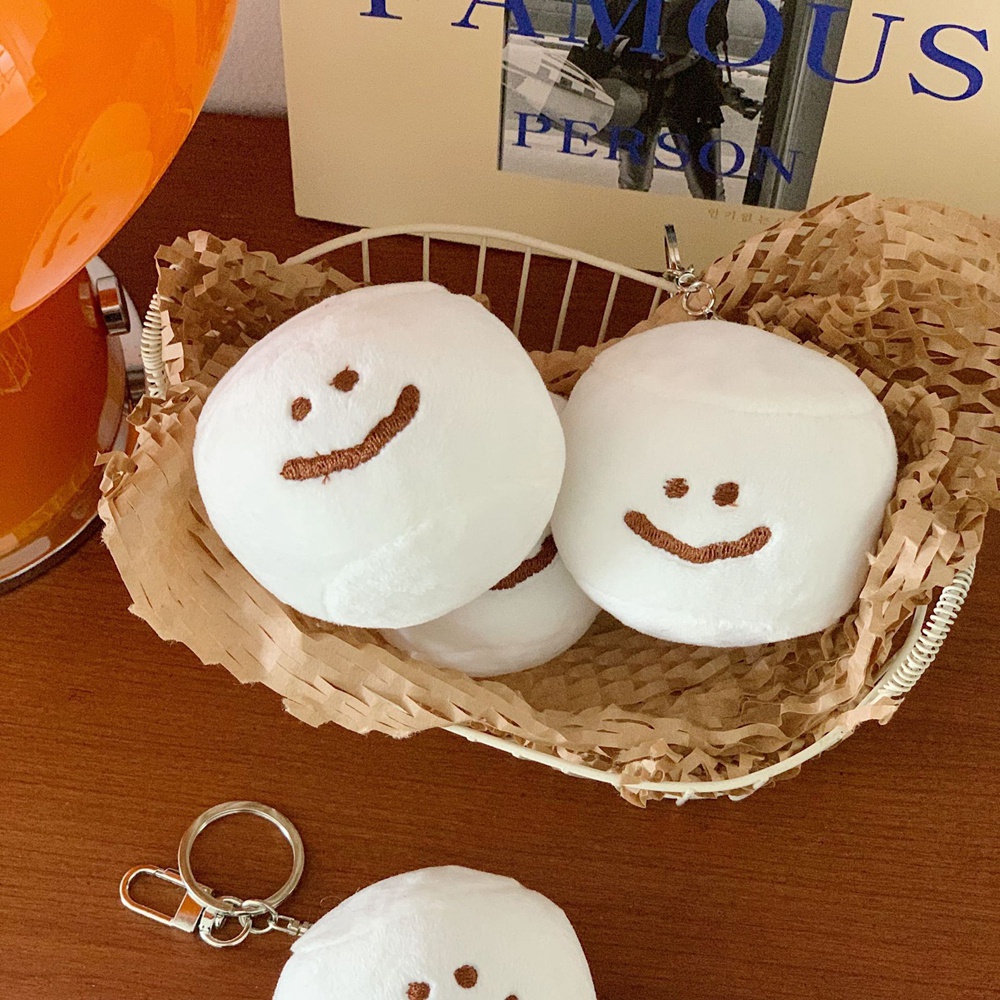 Móc Khóa Quả Cầu Marshmallow Hình Mặt Cười Nhồi Bông Dễ Thương