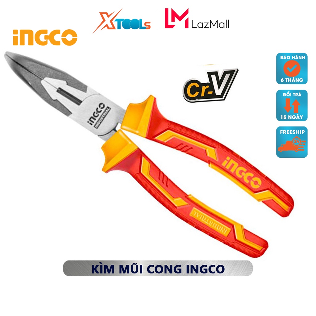 Kềm mũi cong cách điện INGCO HIBNP28208 | Kìm cắt công nghiệp Kích thước 8&quot;/200mm Đầu kềm được đánh bóng và chống gỉ, dù
