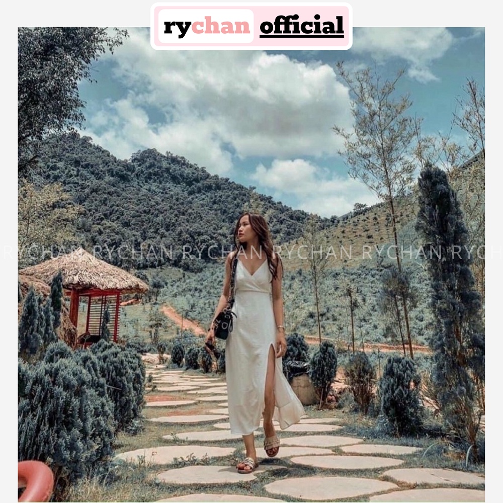 Đầm Maxi Đi Biển Hai Dây Xẻ Tà Nơ Sau Quyến Rũ, Váy Nữ Dạo Biển Hai Dây Tôn Dáng 2 Màu Vàng Trắng - DX9759