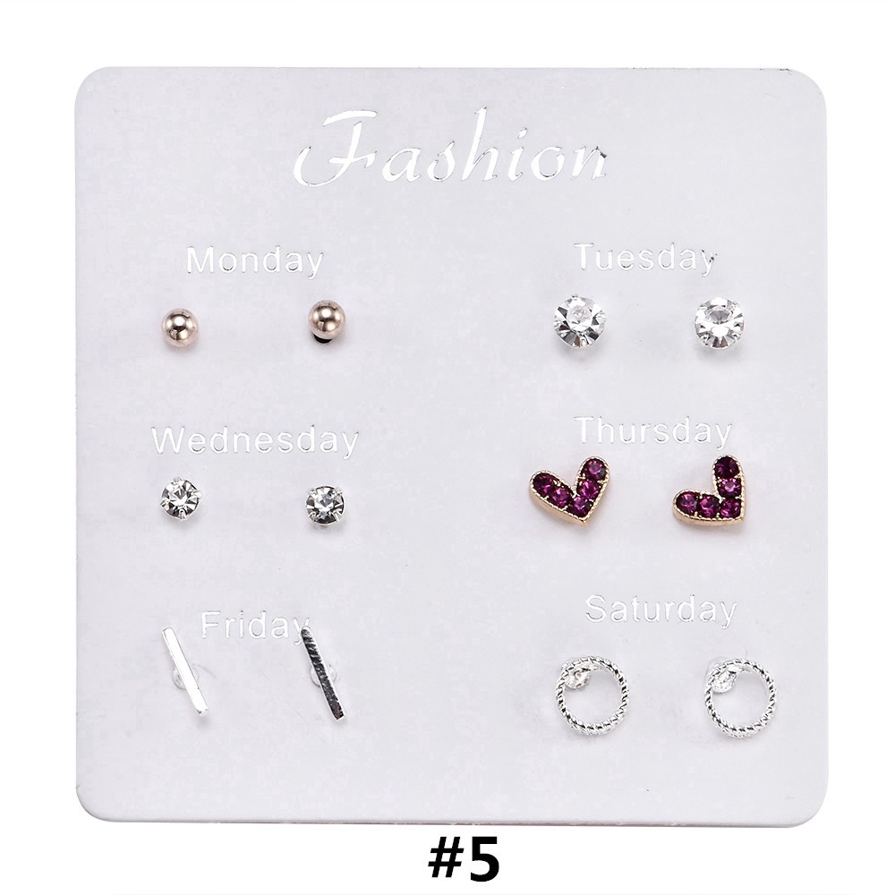 Set 6 cặp khuyên tai nhiều đính đá ngọc trai xinh xắn nhiều kiểu dáng thời trang cho nữ