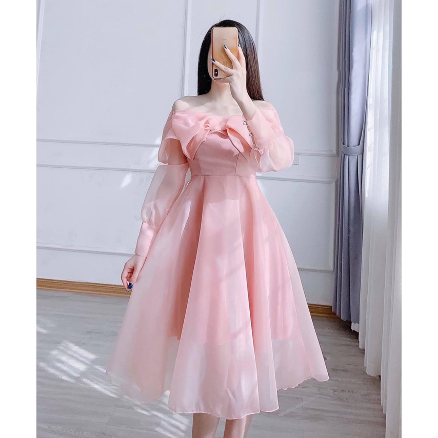 (FREE SHIP) ĐẦM XÒE NỮ TRỄ VAI VOAN KIẾNG TAY DÀI PHỐI NƠ NGỰC DỰ TIỆC ĐI CHƠI CỰC XINH HHP