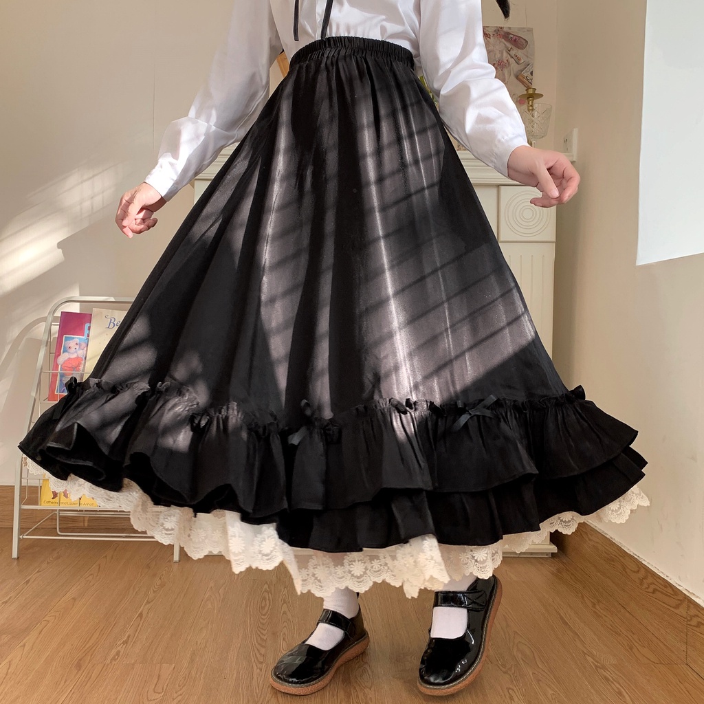 Chân váy dài lót ren trắng style Lolita Nhật Bản