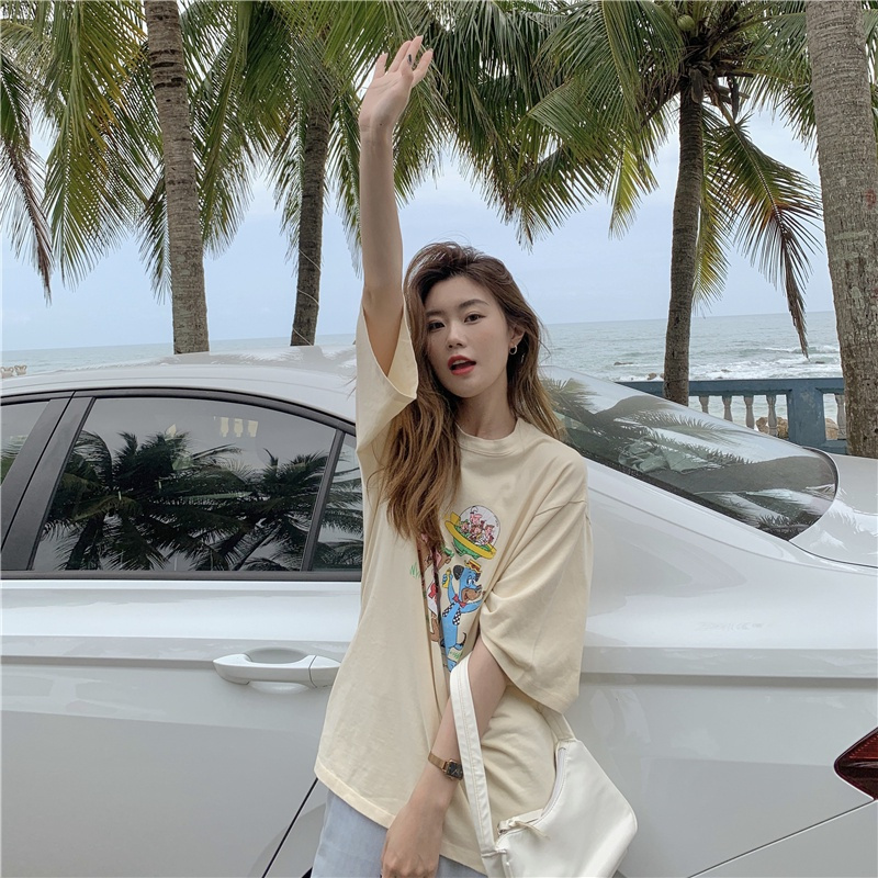 Áo thun tay ngắn dáng rộng in họa tiết hoạt hình thời trang mùa hè cho nữ