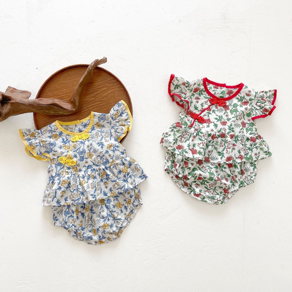 Bộ Áo Liền Quần Kiểu Sườn Xám Tay Cánh Tiên Phong Cách Trung Hoa Xinh Xắn Cho Bé Gái