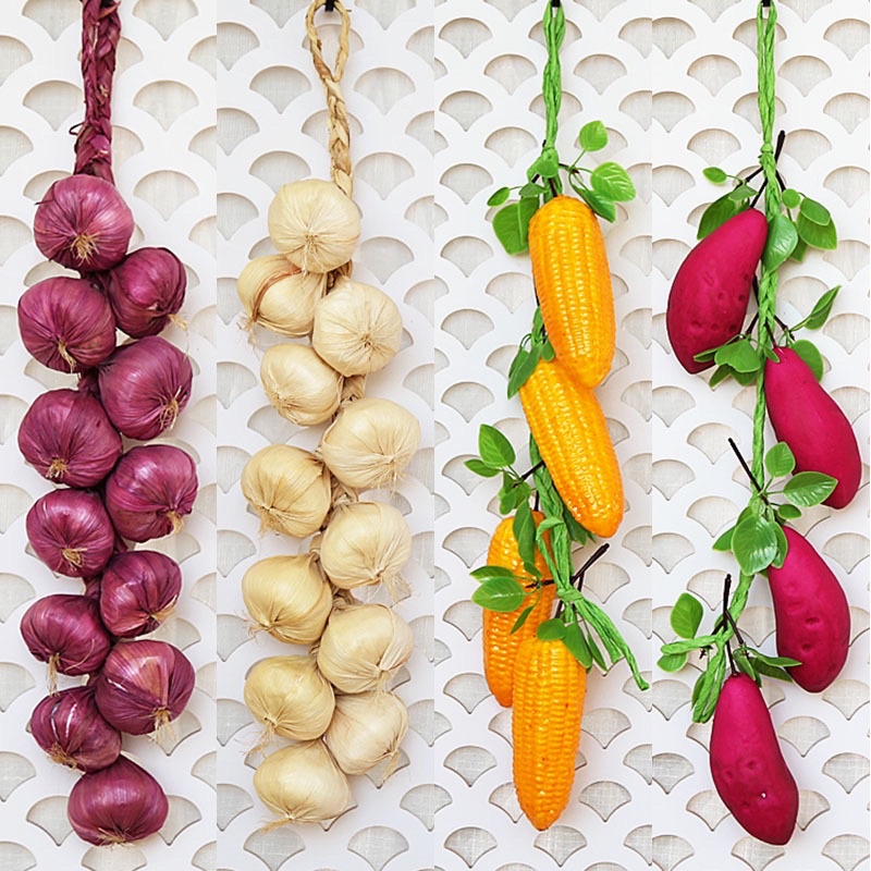 Dây hành tỏi, ớt - dây củ quả, ngô, khoai lang, táo...giả như thật trang trí