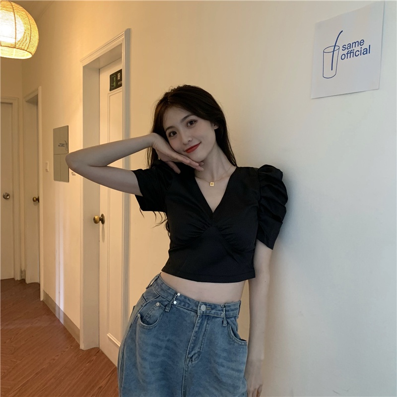 Áo Kiểu Tay Phồng Ngắn Cổ Chữ V Ôm Eo Thời Trang Mùa Hè Đơn Giản Dành Cho Nữ