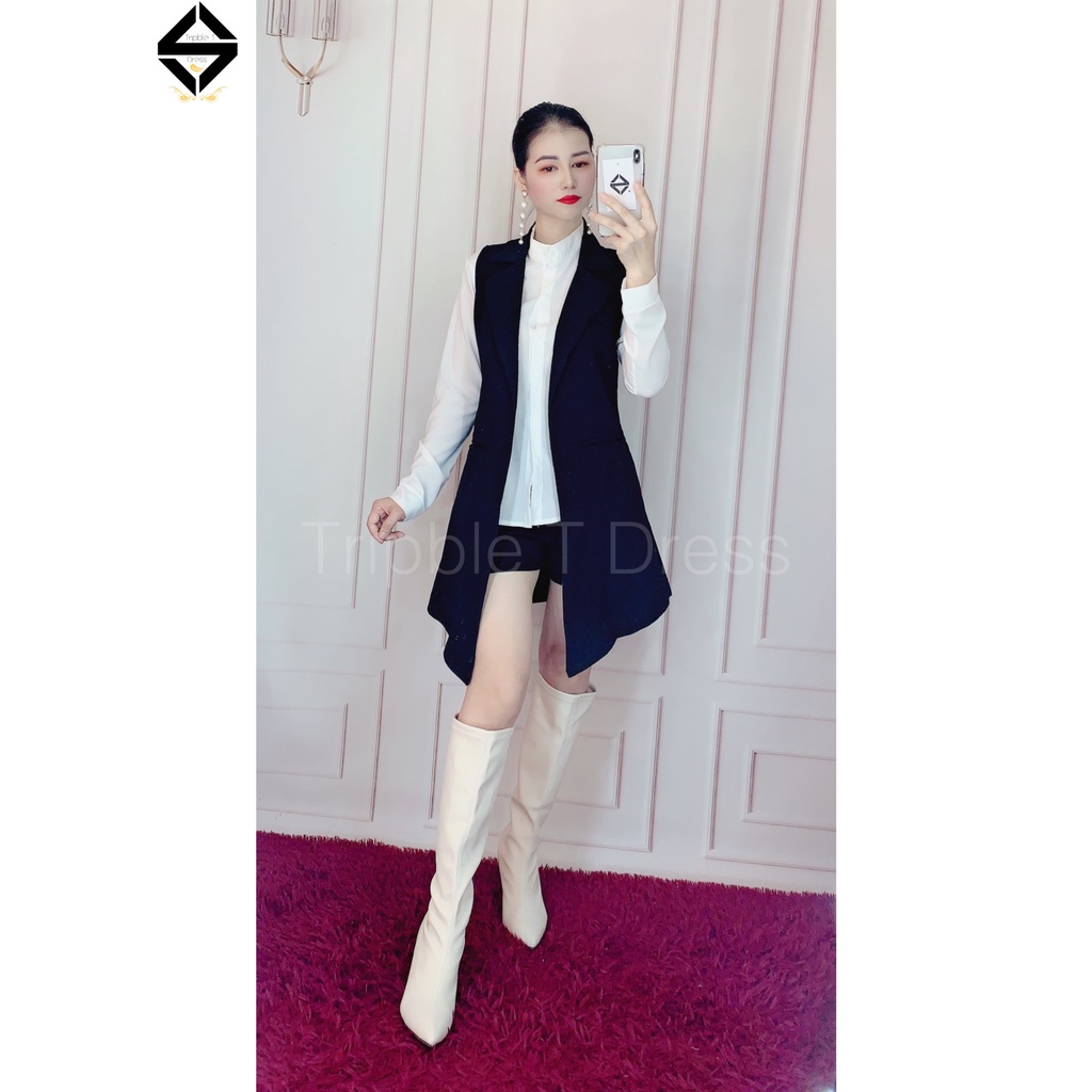 Sét vest 3 món áo sơ mi voan tay dài + sort và khoác gile như hình TRIPBLE TDRESS - size M/L/XL
