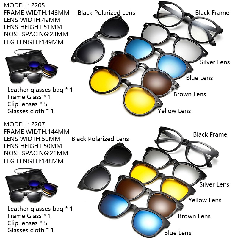 Bộ kính râm gọng tròn kèm 5 tròng phân cực nhiều màu sắc đa dạng
