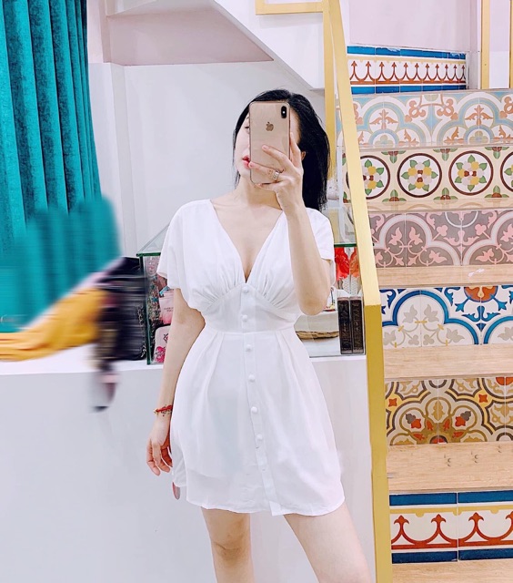 ĐẦM CỔ V Nút Bọc 4 Màu