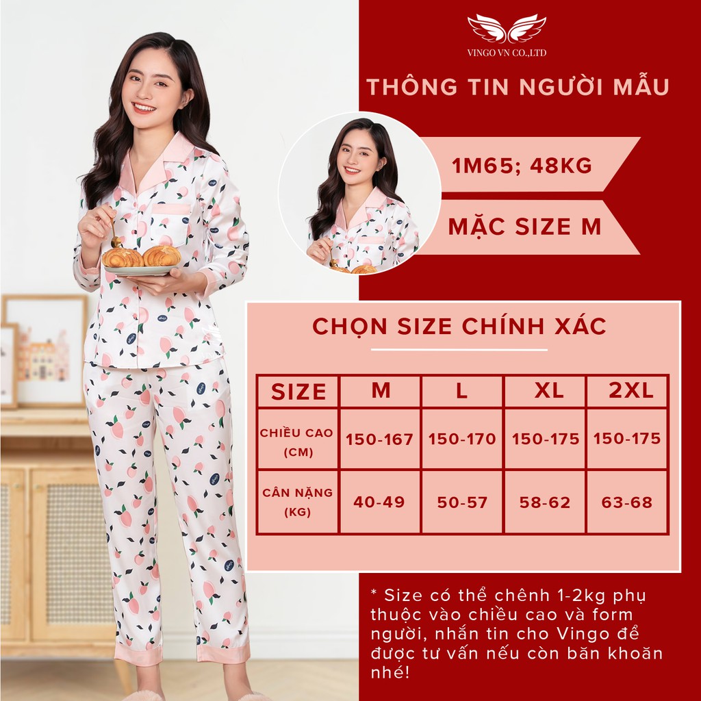 Bộ Đồ Ngủ Pyjama Nữ Mặc Nhà VINGO Lụa Pháp Cao CấpTay Dài Quần Dài Mùa Thu Đông Họa Tiết Trái Đào Hồng H076 VNGO - TDQD | WebRaoVat - webraovat.net.vn