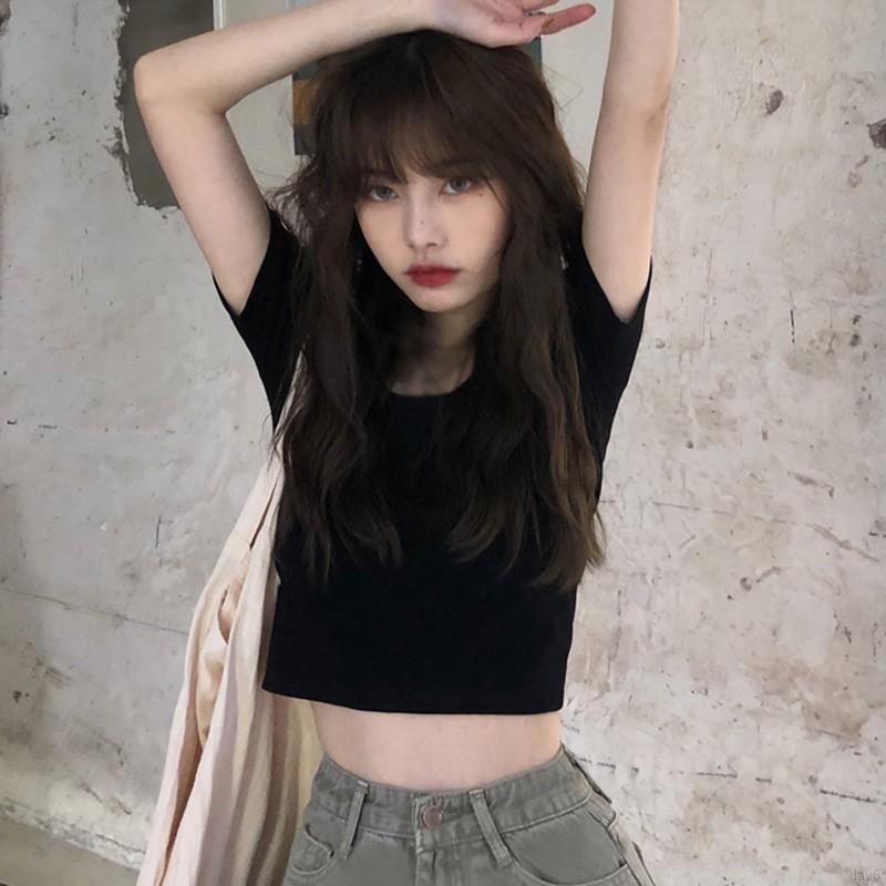 Áo Thun Nữ Tay Ngắn Màu Trơn Đơn Giản Phong Cách Hàn Quốc