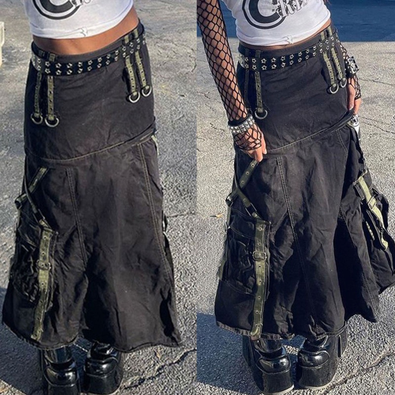 Chân Váy Midi Dáng Chữ A Lưng Thấp Phối Vòng Kim Loại Phong Cách Harajuku Gothic Punk Dành Cho Bạn Nữ