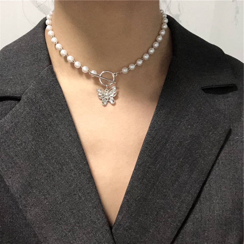 [Miễn Phí Vận Chuyển] Dây Chuyền choker Mặt Hình Bướm Khoét Rỗng Đính Đá Zircon Và Ngọc Trai Giả Phong Cách Harajuku Nhật Hàn Cá Tính 22395
