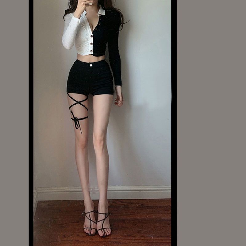 Quần Short Cột Dây Lưng Cao Co Giãn Màu Đen Phong Cách Mới Cho Nữ