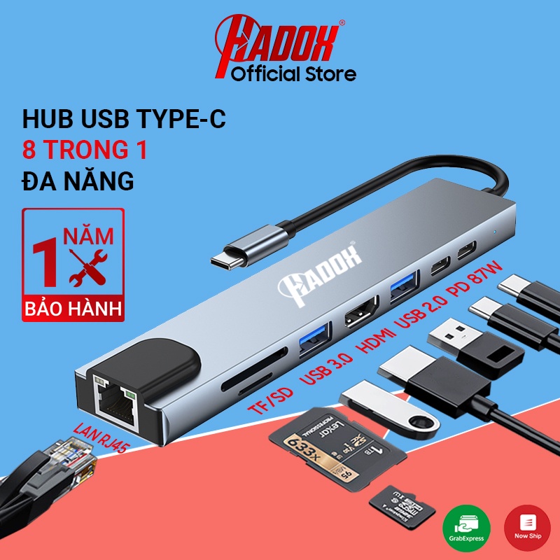 Hub chuyển đổi Type C 8in1 sang USB 3.0 OTG - HDMI - LAN - TypeC PD - Cổng chuyển Type-C cho Macbook, Laptop, Điện thoại