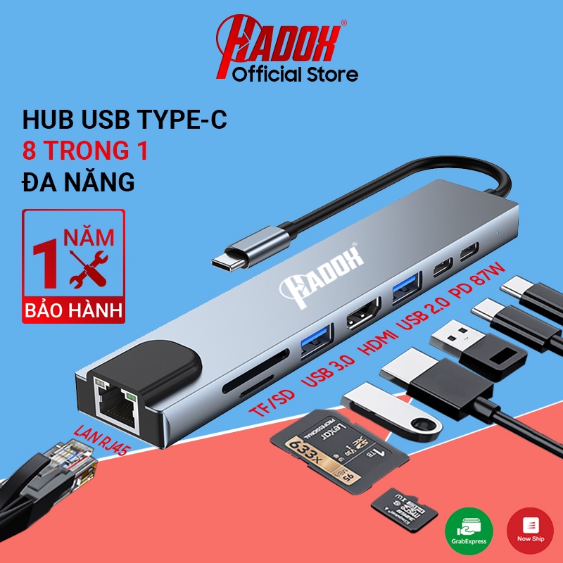 Hub type c HADOX to hdmi, usb otg, lan, type-c pd, bộ chia cổng chuyển đổi typec cho máy mac, laptop, điện thoại