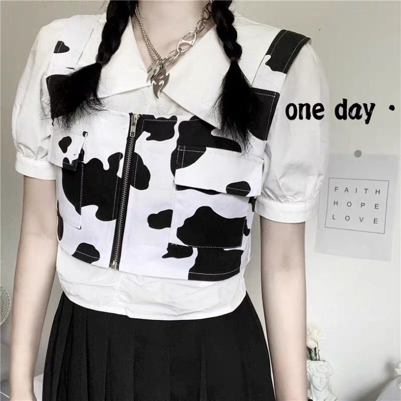 Hàng hot - ÁO CROPTOP GILE DÁNG BA LỖ HỌA TIẾT BÒ SỮA KHÓA KÉO ULZZANG - Áo khoác gile croptop bò sữa - Sp sẵn