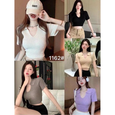 Áo montoghi gân cổ bẻ v cộc tay croptop mới mẻ tôn dáng xinh