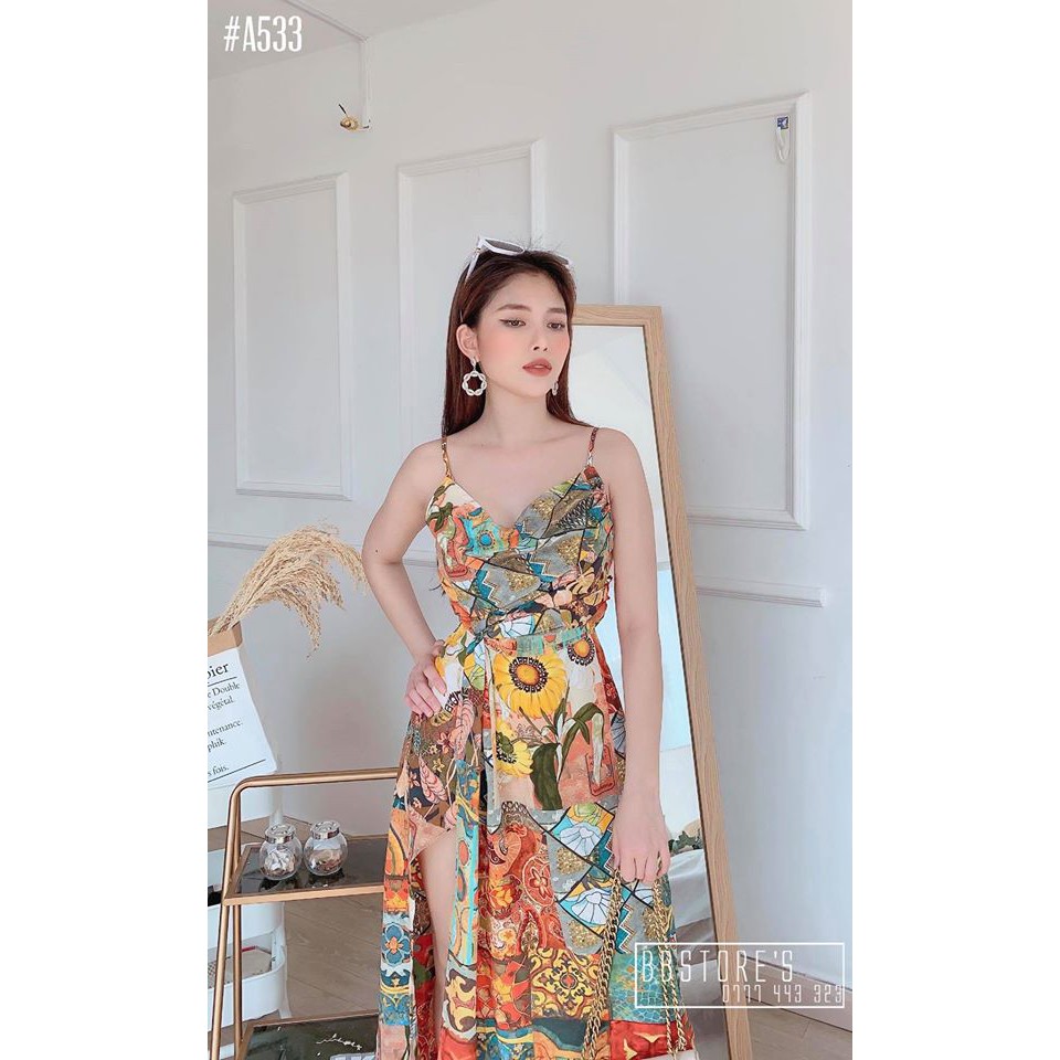 Váy maxi 2 dây thổ cẩm xẻ tà sexy Maxi Thổ Cẩm - MSA533[ ANH MẪU SHOP]