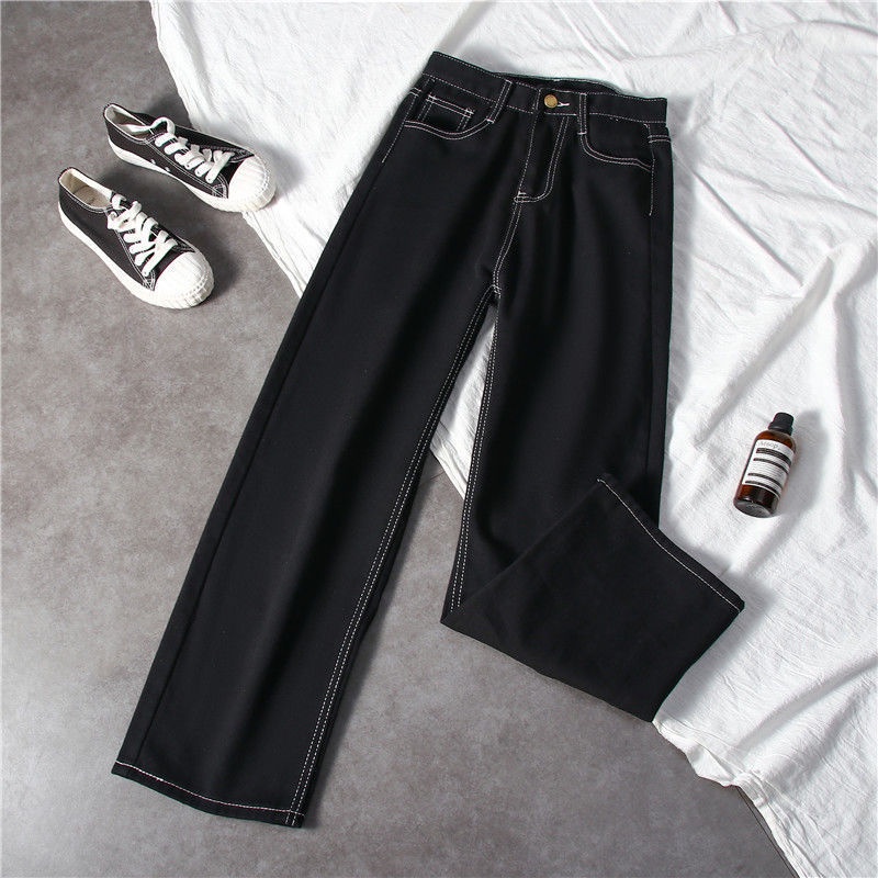 SUXI Quần Jean Dài Ống Rộng Lưng Cao Màu Đen Tôn Dáng Dễ Phối Đồ Cho Nữ