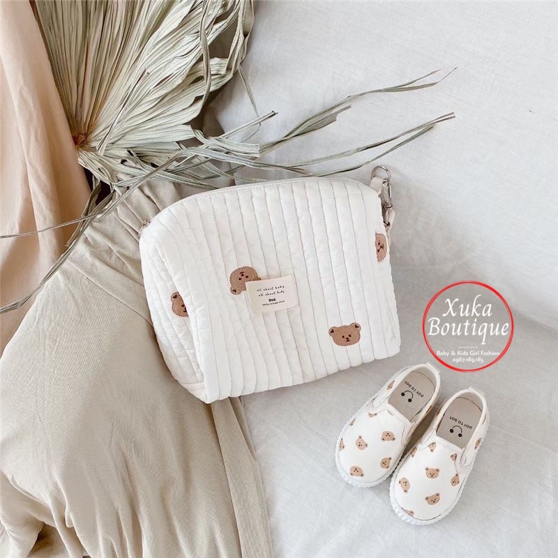 Túi Xách Bỉm Sữa Hàn Quốc Thêu Gấu Thỏ Cho Mẹ Và Bé Size 26*19*10cm KaMiMi Cao Cấp