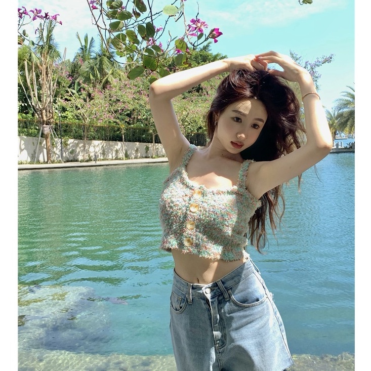 QADCOL  Áo Hai Dây Dệt Màu Sắc Đơn Giản Quyến Rũ Cho Nữ