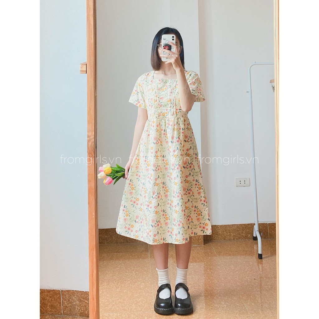 Váy hoa nhí cổ vuông, đầm hoa nhí xếp ly ngực basic có dây buộc sau lưng vintage - V22FG
