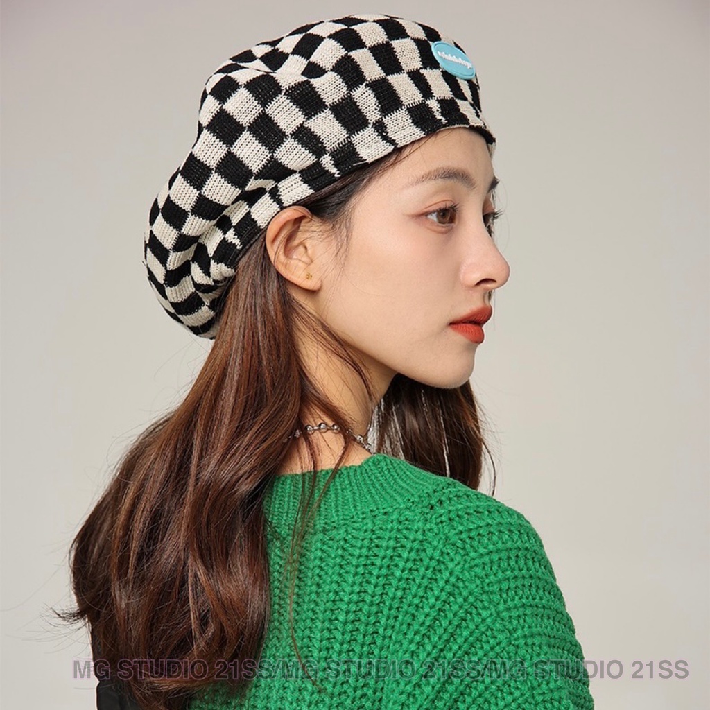 Mũ beret MG STUDIO cotton họa tiết sọc ca rô thời trang
