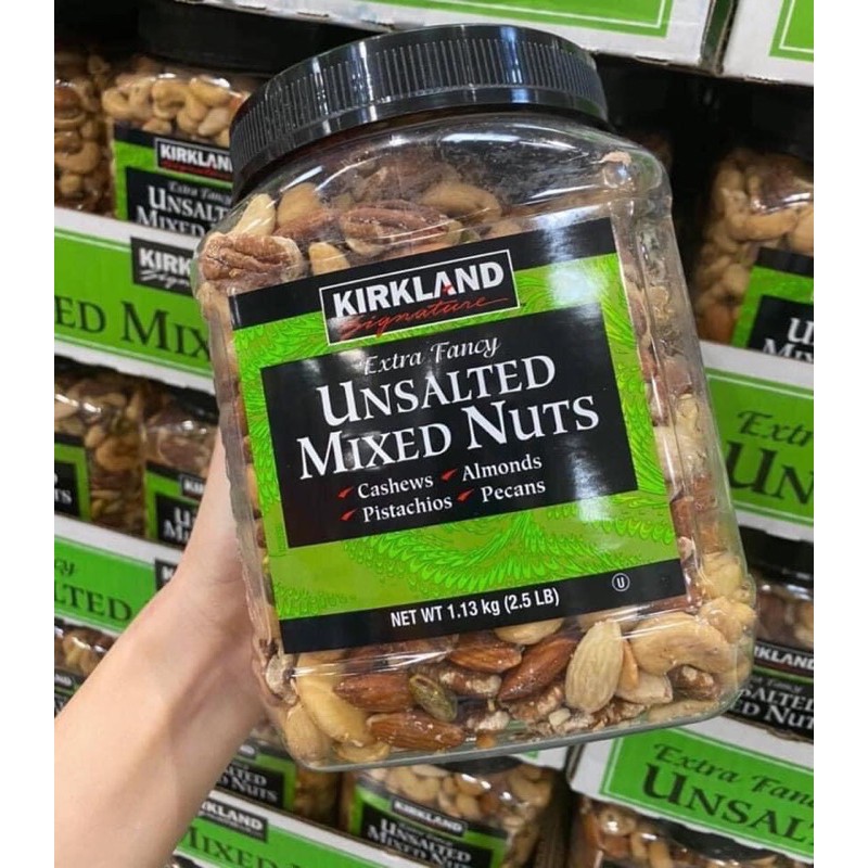 hạt hỗn hợp Kirkland Unsalted Mixed Nut gồm hạt hạnh nhân, hạt óc chó, hạt điều , hạt dẻ, hộp 1.13kg